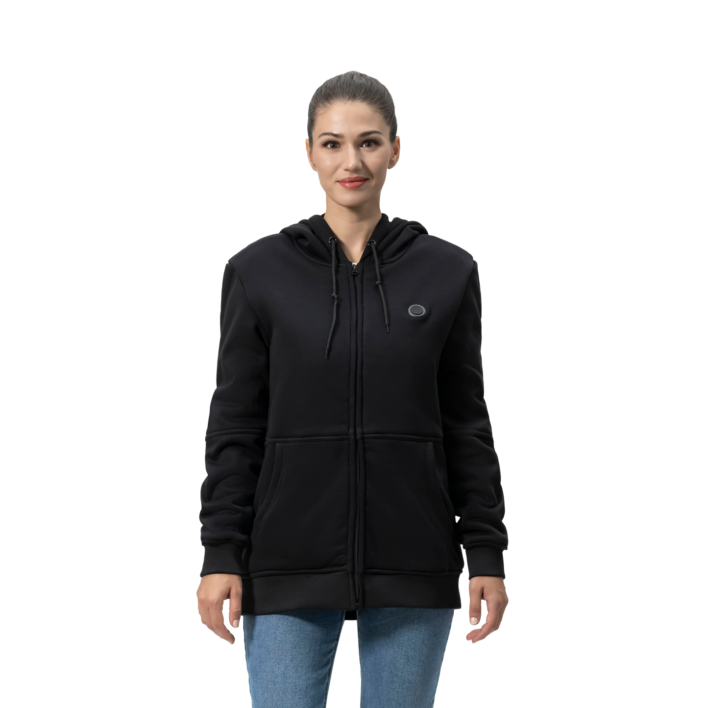 Woman wearing black zip-up hoodie and blue jeans against a black background.