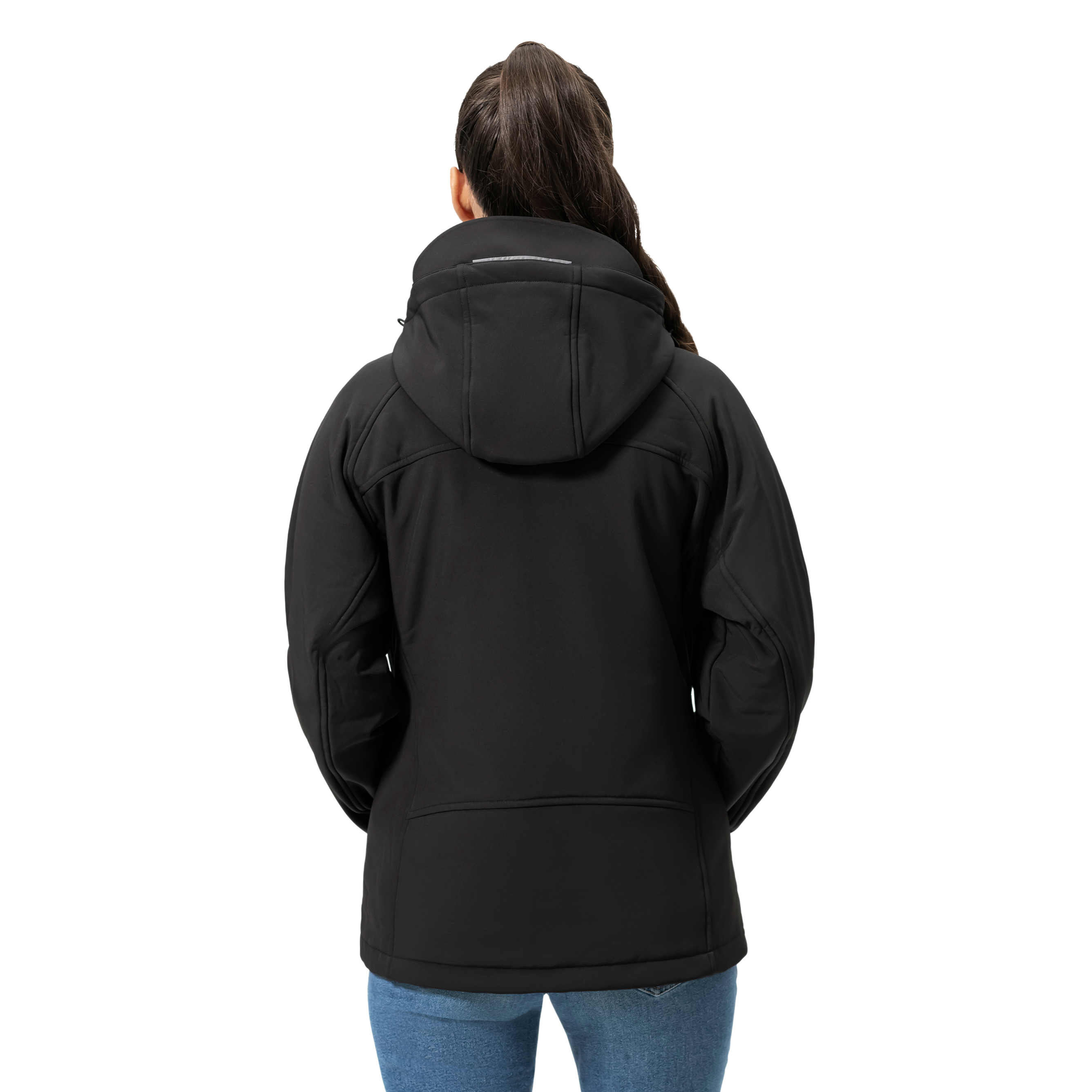 Back view of a woman wearing a black hooded jacket and blue jeans against a white background.