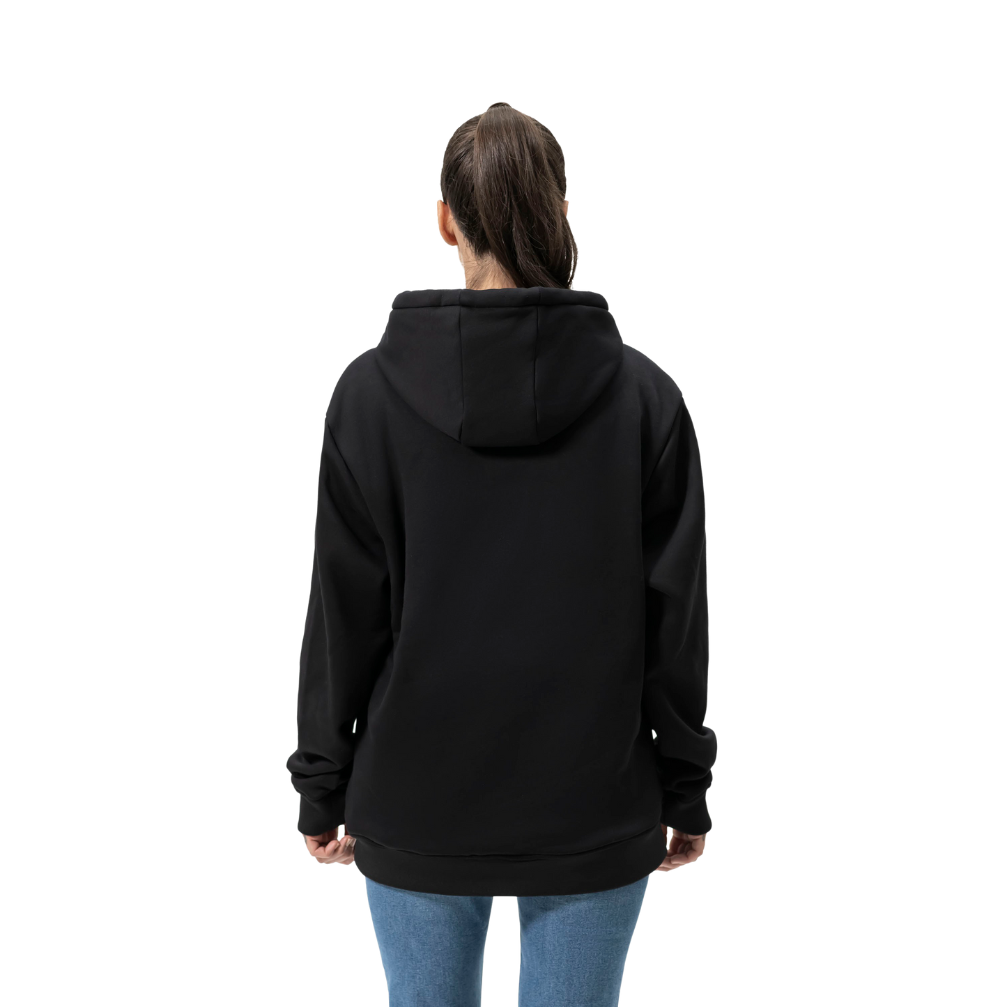 Woman wearing a black hoodie and blue jeans, seen from the back, isolated on a white background.