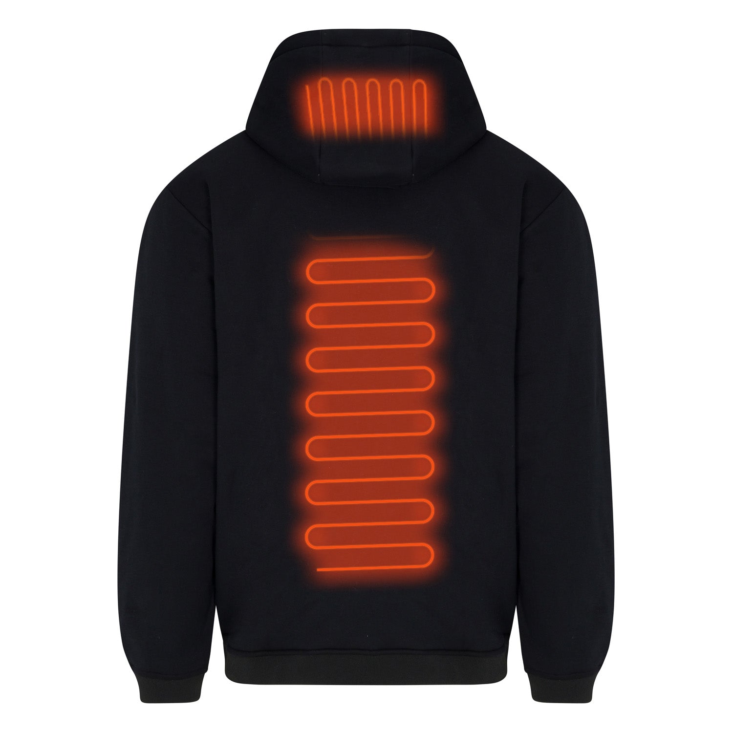Black heated jacket with orange glowing warming elements on the back and hood.