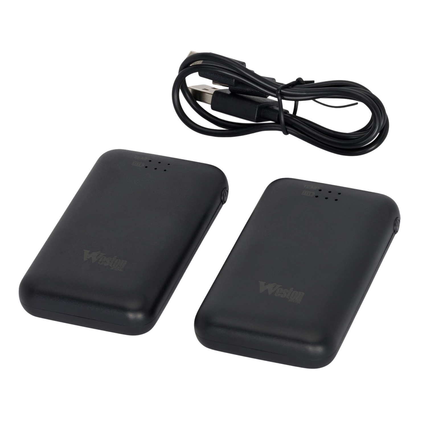Two black portable external hard drives with a USB cable, featuring the Weston logo on each device, shown on a white background.
