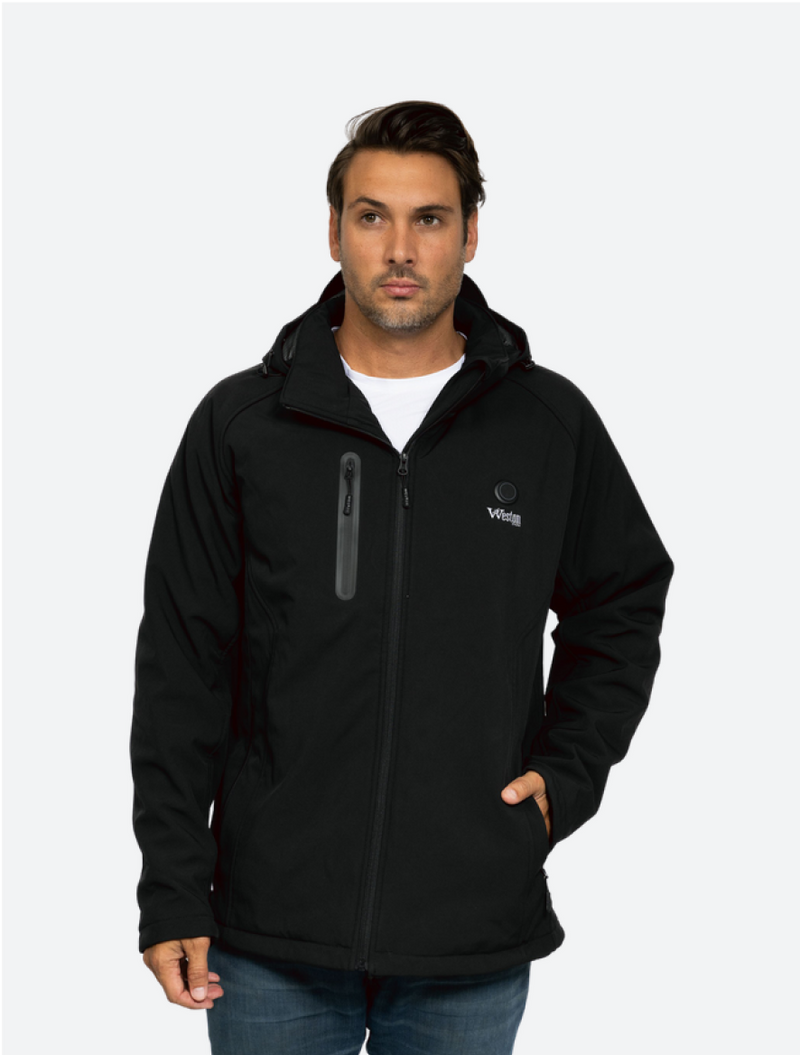 Man wearing a black waterproof jacket with hood and zipper pockets on white background.