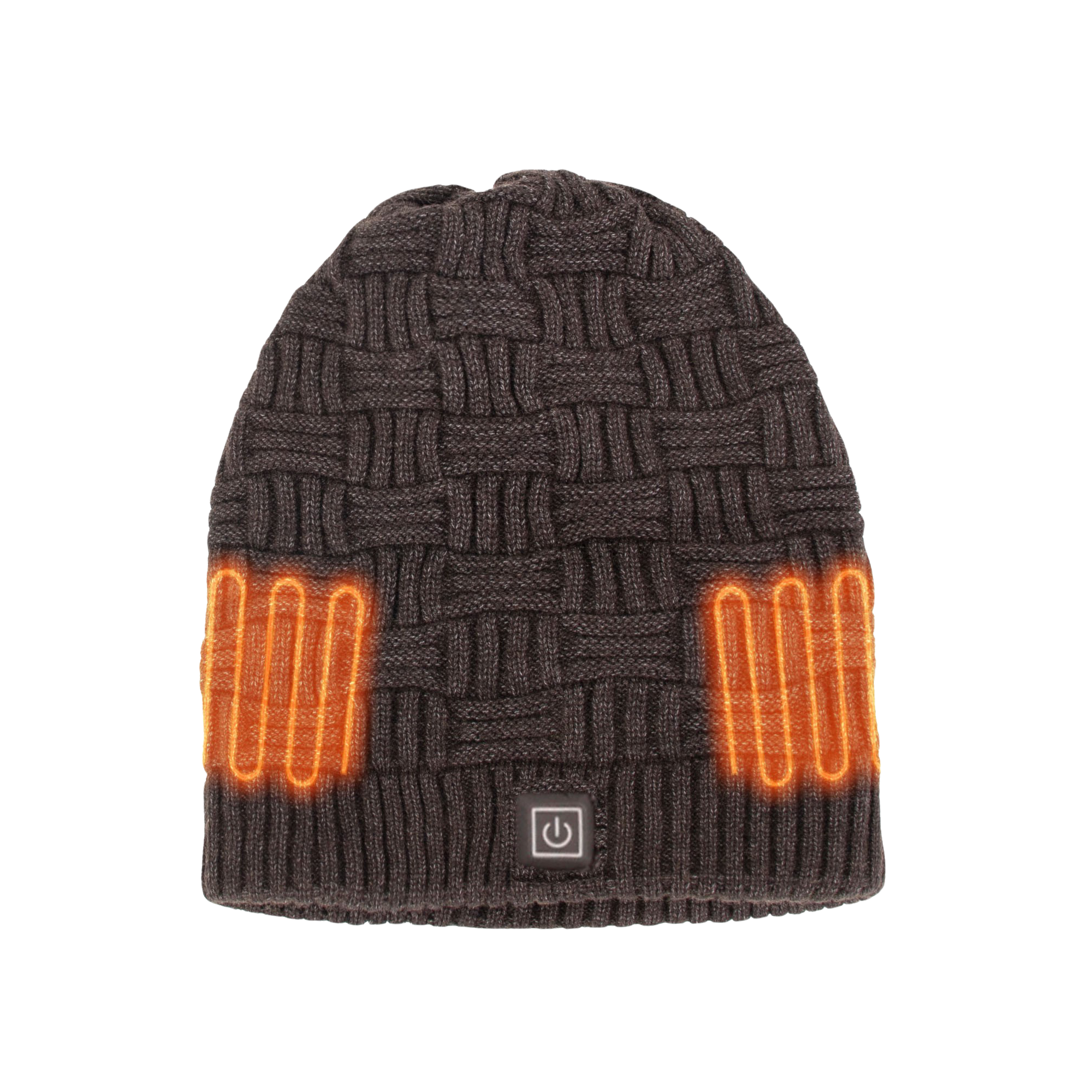Dark gray knitted beanie with orange heating elements and power button.