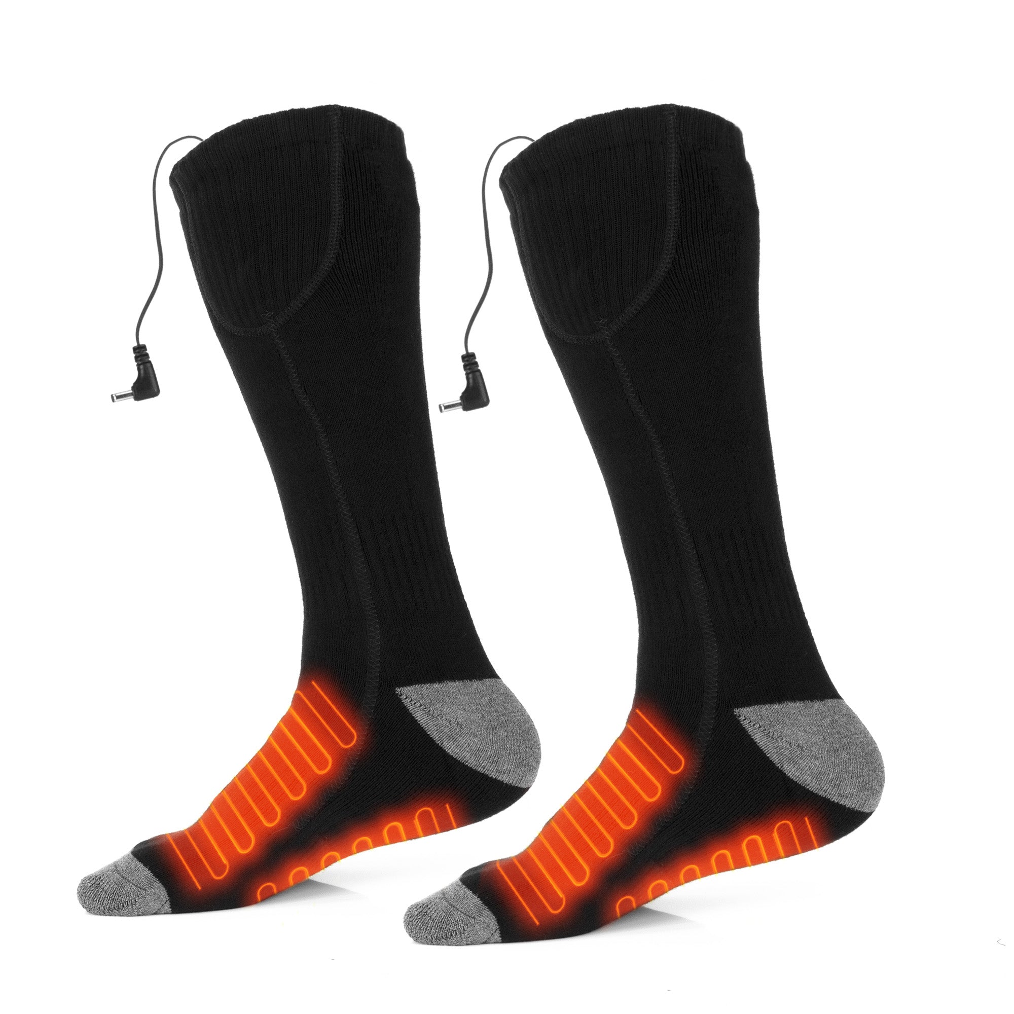 Black heated socks with visible heating elements and attached charging cables for winter warmth.