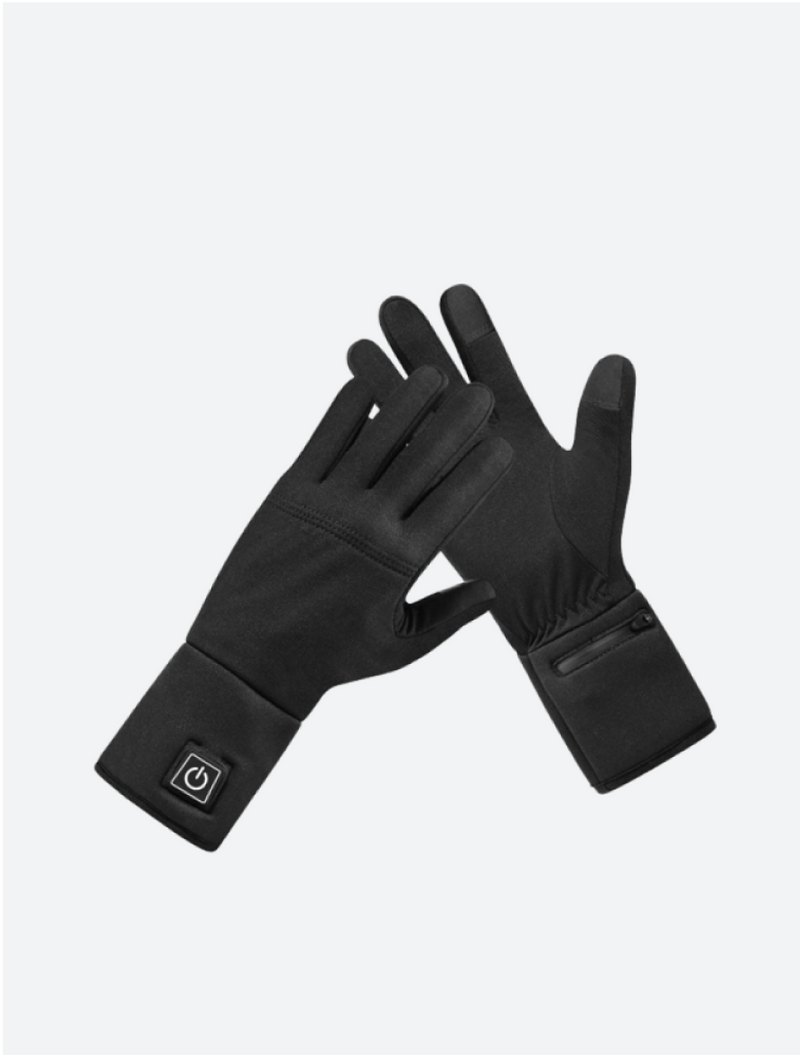 Black touchscreen gloves with adjustable wrist strap and power button symbol on a light background.