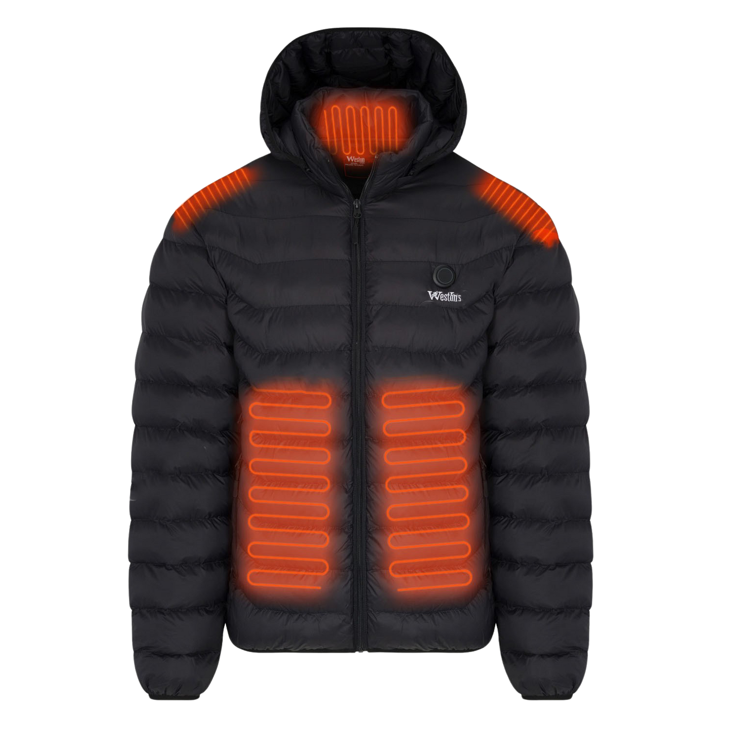 Heated jacket with orange glowing heating elements on chest, back, and shoulders.