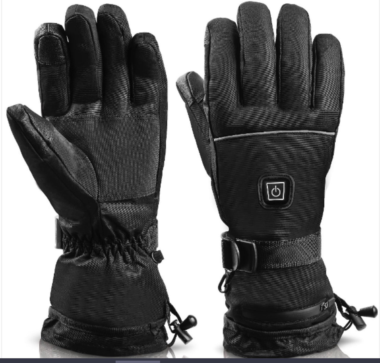 Black heated gloves with touchscreen compatibility and adjustable wrist straps.