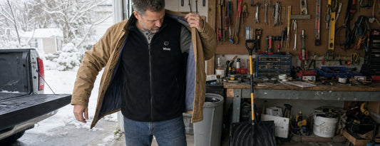Man pulling a canvas coat on over a black Weston heated fleece vest in his garage on a snowy morning