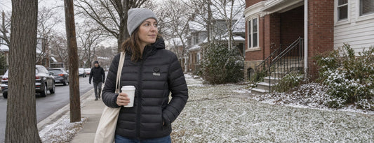 Woman in a black Weston heated puffer jacket walking down a snowy residential street with a coffee