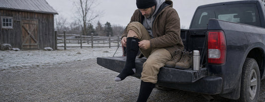 Man pulling on a Weston heated sock with the battery pack at the cuff, sitting on a pickup tailgate on a frosty morning