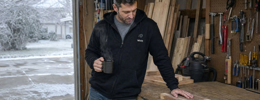 Man in a black Weston heated zip hoodie with a coffee in a cold home workshop