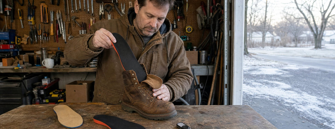 Man sliding a Weston rechargeable heated insole into his leather work boot at a garage workbench