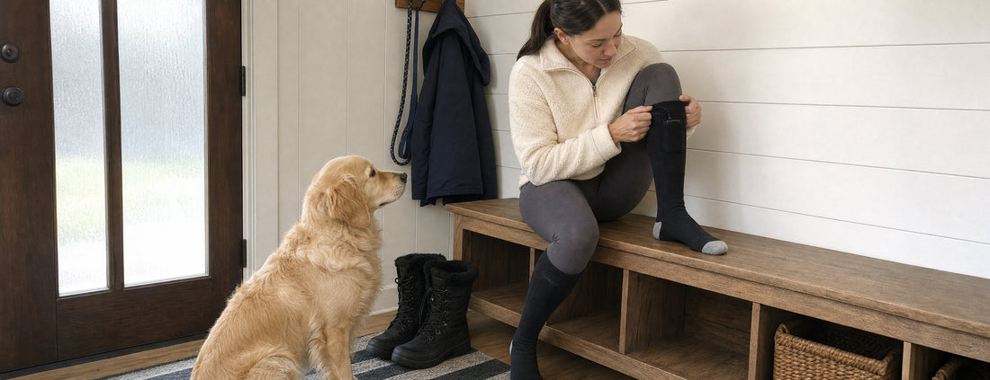 Woman pulling on a Weston heated sock on an entryway bench while her golden retriever waits for a walk