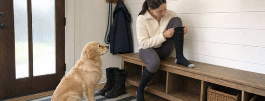 Woman pulling on a Weston heated sock on an entryway bench while her golden retriever waits for a walk