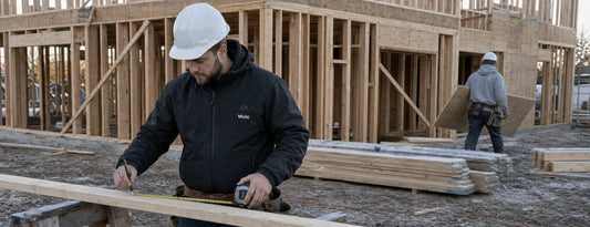 Carpenter in a black Weston heated jacket and white hard hat marking a 2x4 on sawhorses at a framing site at first light