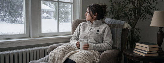 Woman in a gray Weston heated fleece jacket curled up in an armchair with a blanket and tea, looking out at the snow