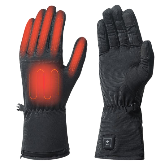 Black heated gloves with red warming zones visible
