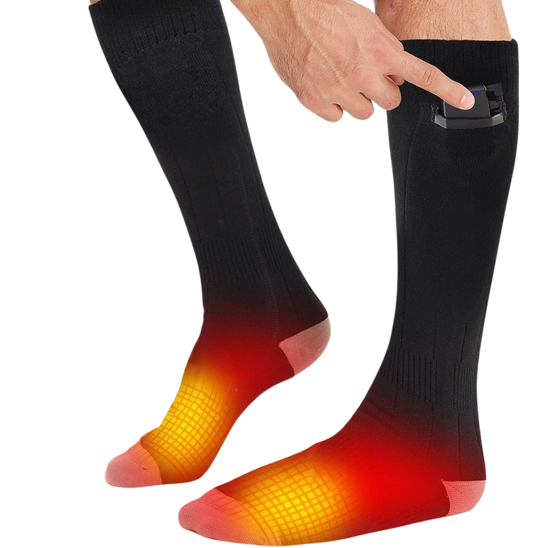Black heated socks with orange glowing warming zones.