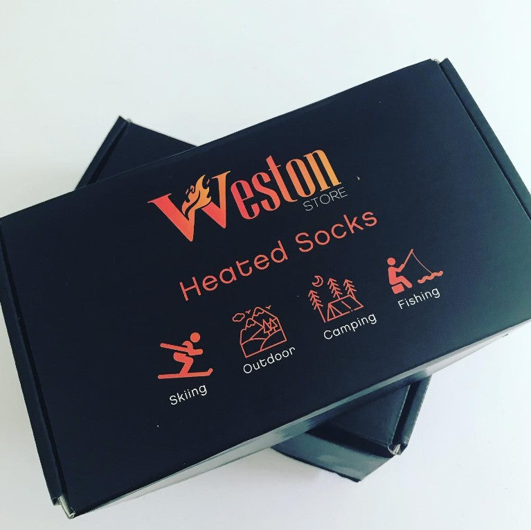 Weston Store heated socks packaging box with icons for skiing, outdoor, camping, and fishing activities.